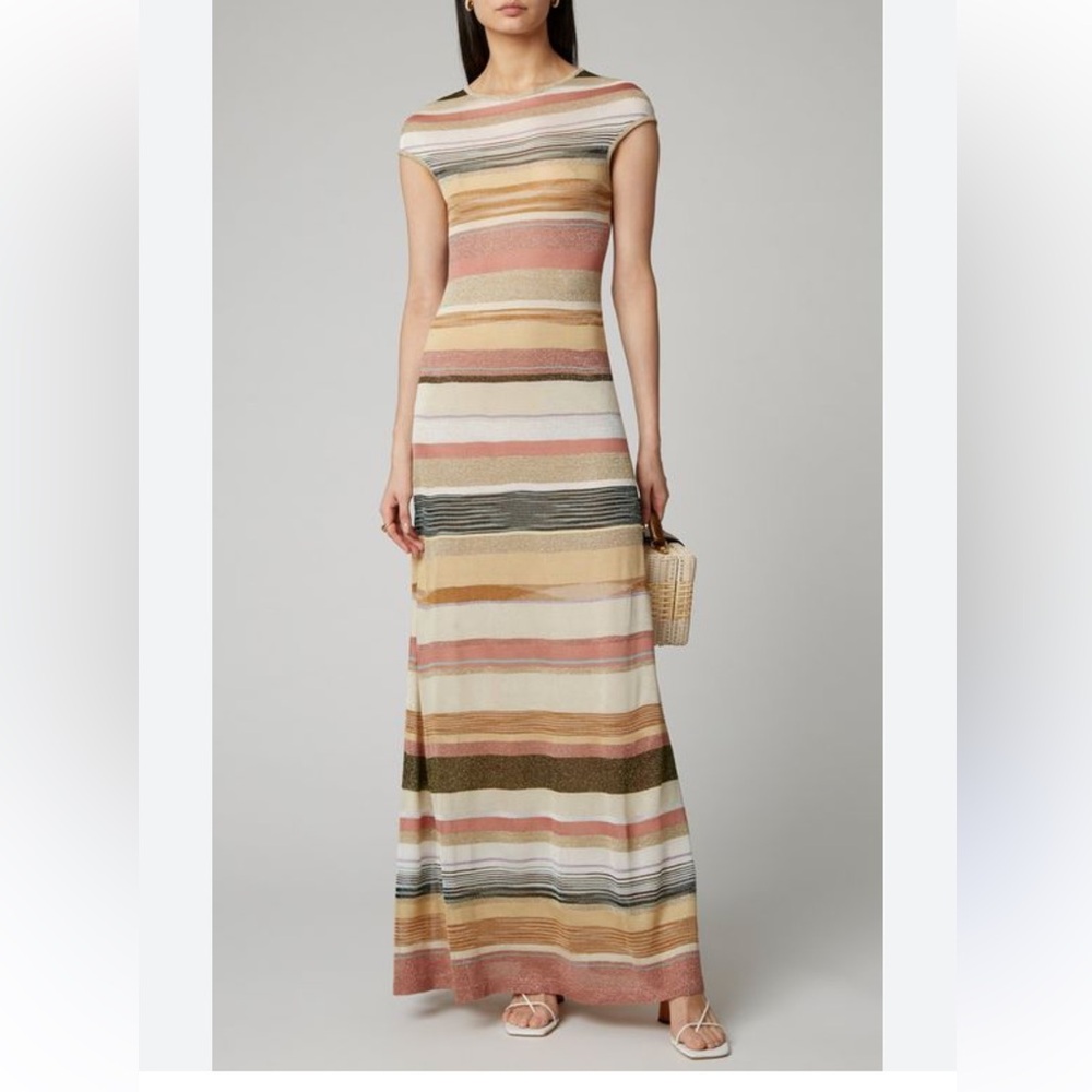 Missoni Striped Knit Maxi Dress in Cream, Pink, Tan, Olive and Gray
